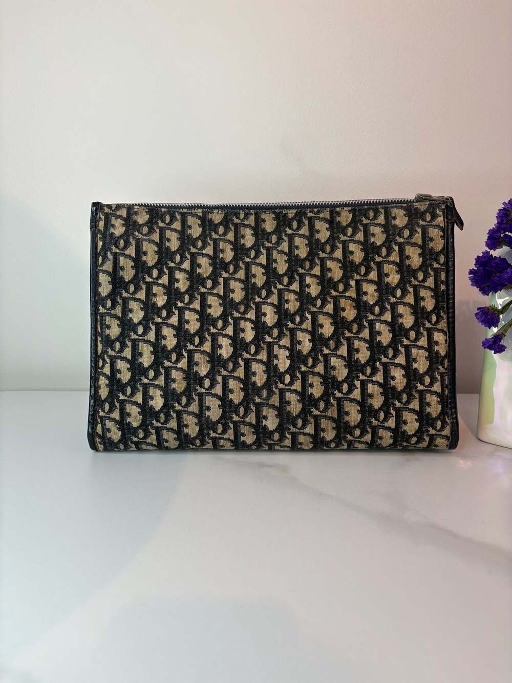 Vintage Christian Dior Oblique Monogram Navy Blue Canvas Zippered Clutch Pouch